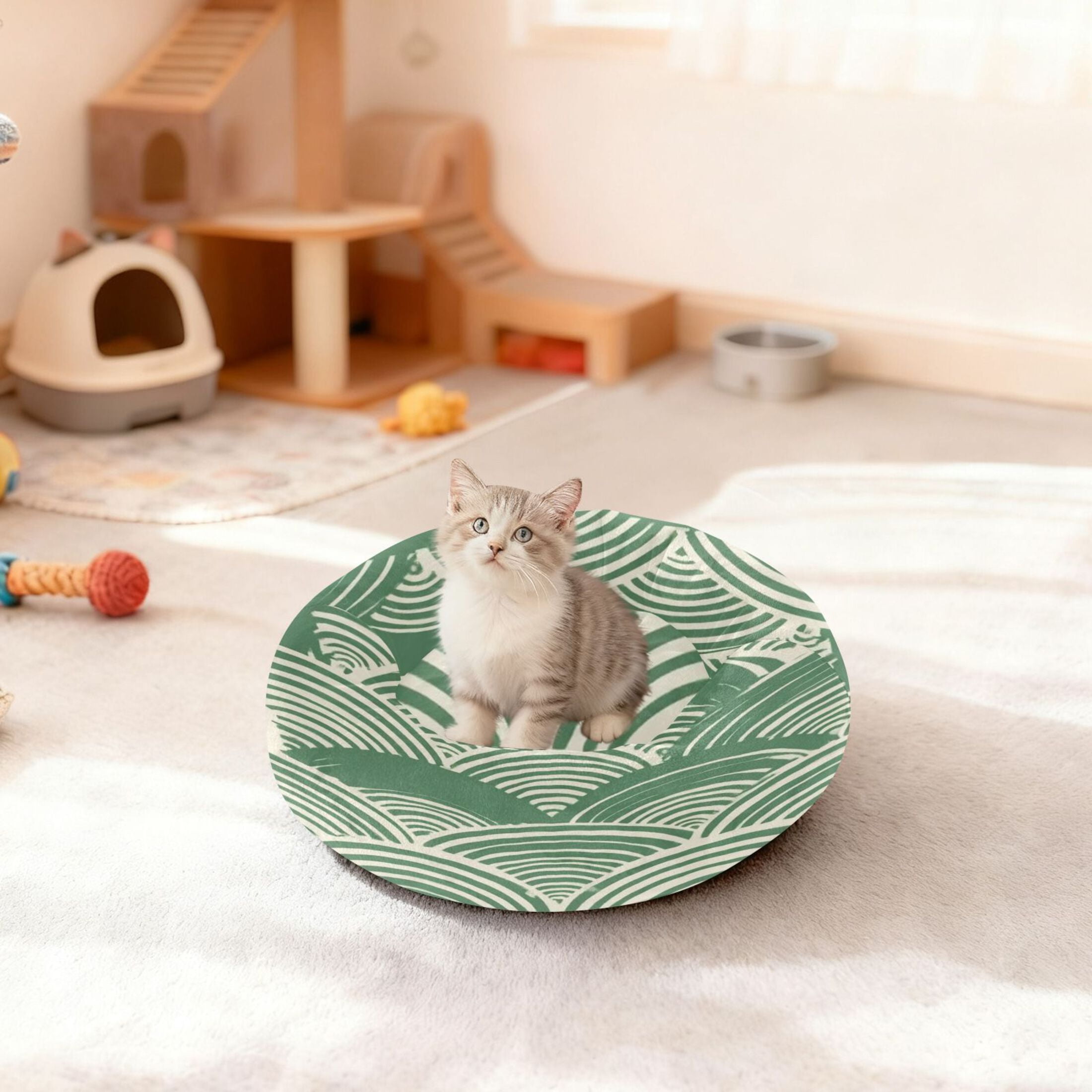 Iauyy Pet Couch Donut Cat Bed for Indoor Cats/Small Dogs Washable & Machine with Non-slip Bottom Calming Cat Furniture, Woodblock Print Style (M)