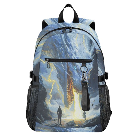 Full‑Print Casual Laptop Backpack, 20L Water‑Resistant Twill Tote Daypack with 14 Inch Computer Compartment for School Business Travel Beautiful White Dragon
