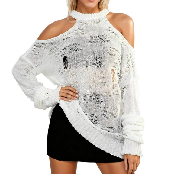 Christmas Sweaters for Women Distressed Knit Pullover Sweater Long Sleeve Openwork Lace Top Summer Lightweight Sheer Cover Up Casual Streetwear Ugly Christmas Sweaters