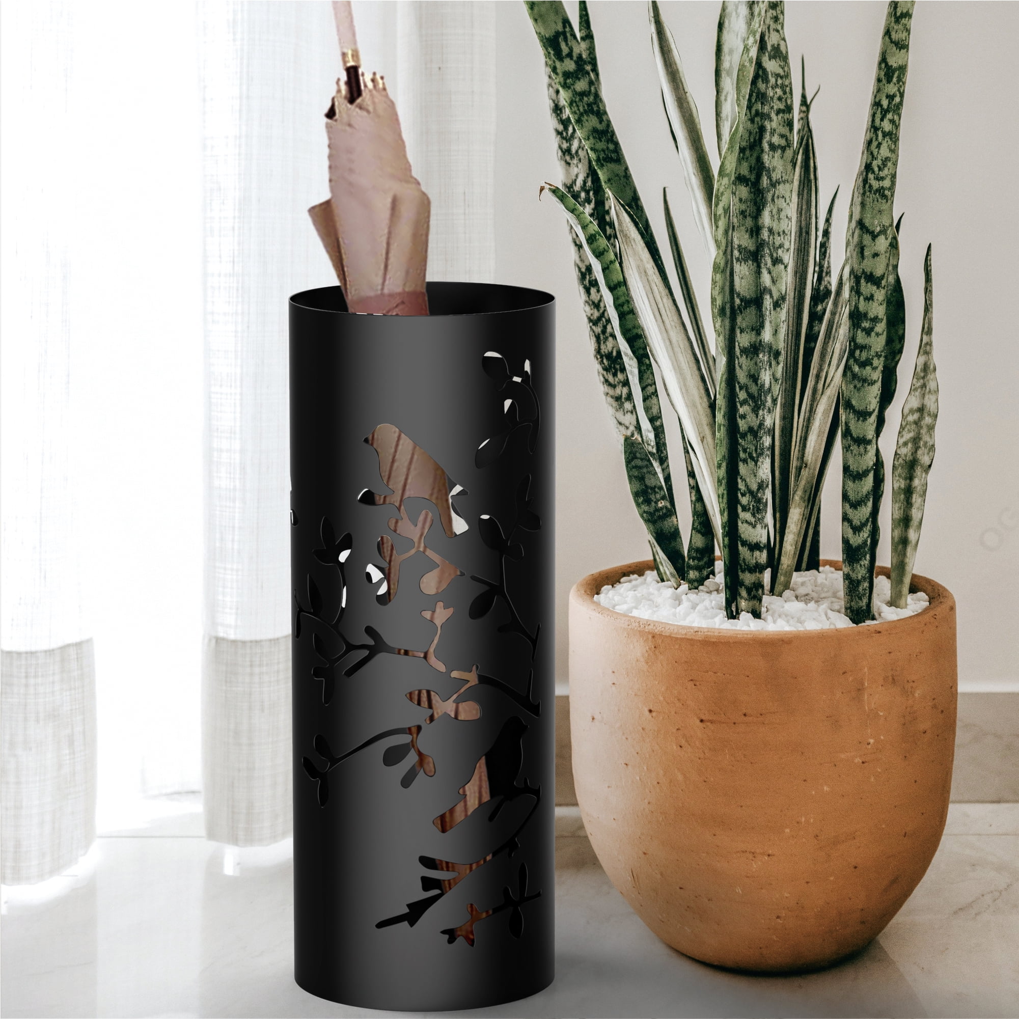 Mango Steam 21.75" Tall Metal Round Song Bird Spiral Modern Umbrella Rack Holder for Home, Black