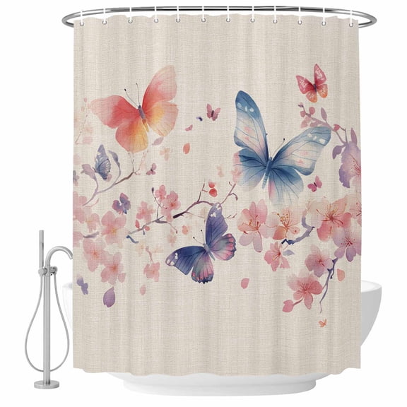 Colorful Butterfly Shower Curtain Set - 72" x 78" Washable Bathtub Curtain with 12 Hooks, Spring Summer Botanical Flowers Waterproof Fabric Stall Shower Curtains for Bathroom/Bathtub Décor