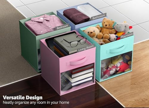 11 Inch Storage Bins with Clear Window - 6 Foldable Baskets for Organizing Clothes, Toys, Books - Sturdy Collapsible Fabric Storage Cubes with Handle - Storage Baskets for Shelves, Closets