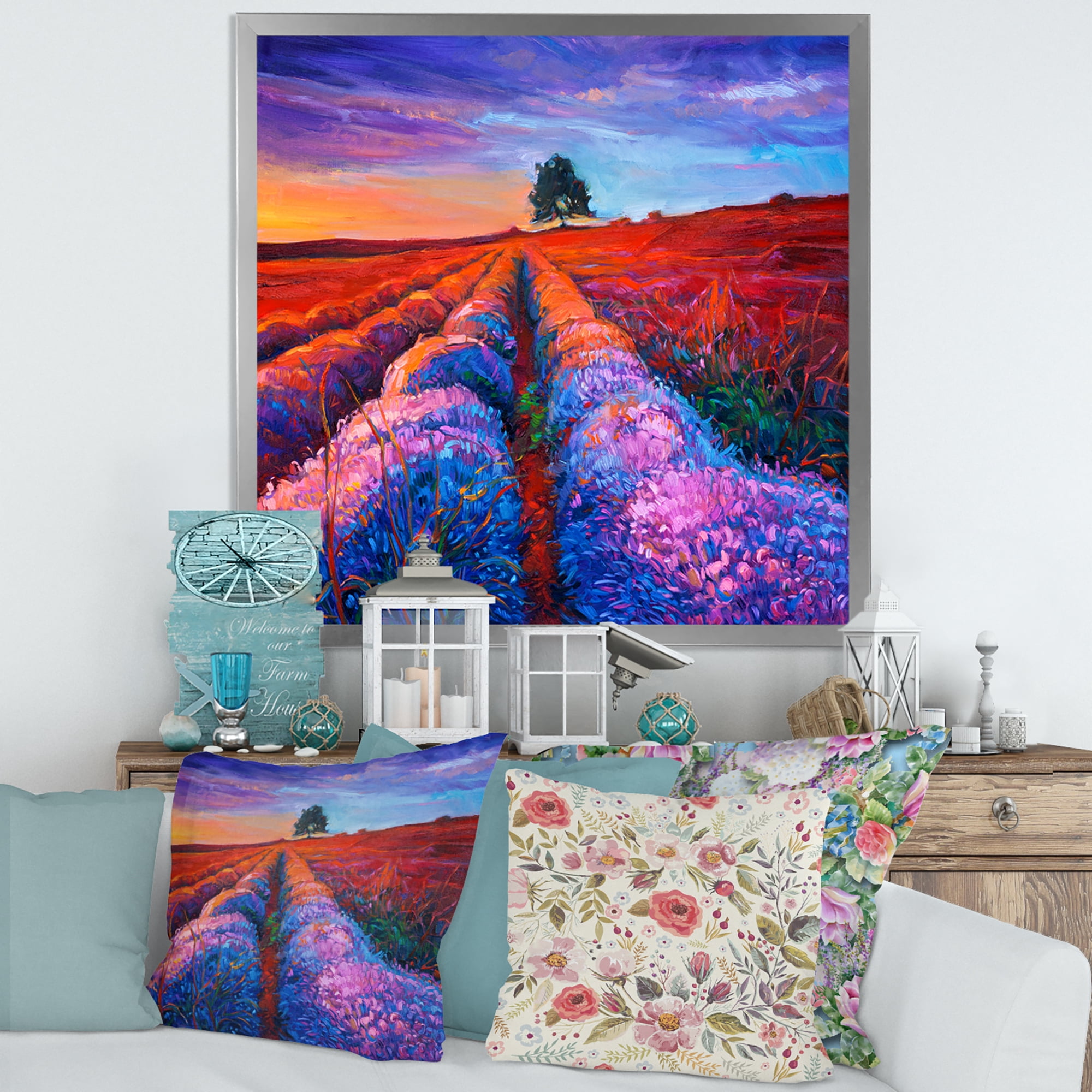 Designart 'Lavender Fields With Distant Tree & Sunset Glow' Farmhouse Framed Art Print