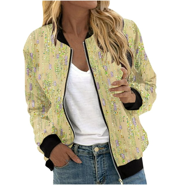 vdgthytj Blouson Bomber pour Femmes Tendance Imprimé Floral Fermeture Éclair Manches Longues Imperméable Automne avec Poches