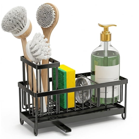 Kitchen Sink Caddy Sponge Holder, 304 Stainless Steel Sink Organizer with Brush Holder, Kitchen Countertop Sponge and Soap Storage Rack, Rust Resistant Black