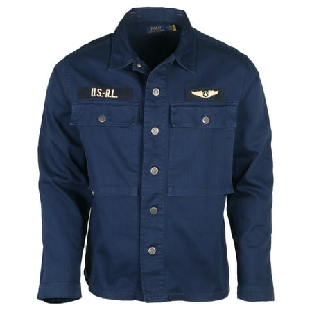 Polo Ralph Lauren Men's Herringbone Airforce Military Style Cotton Jacket Shirt (Navy, Medium)