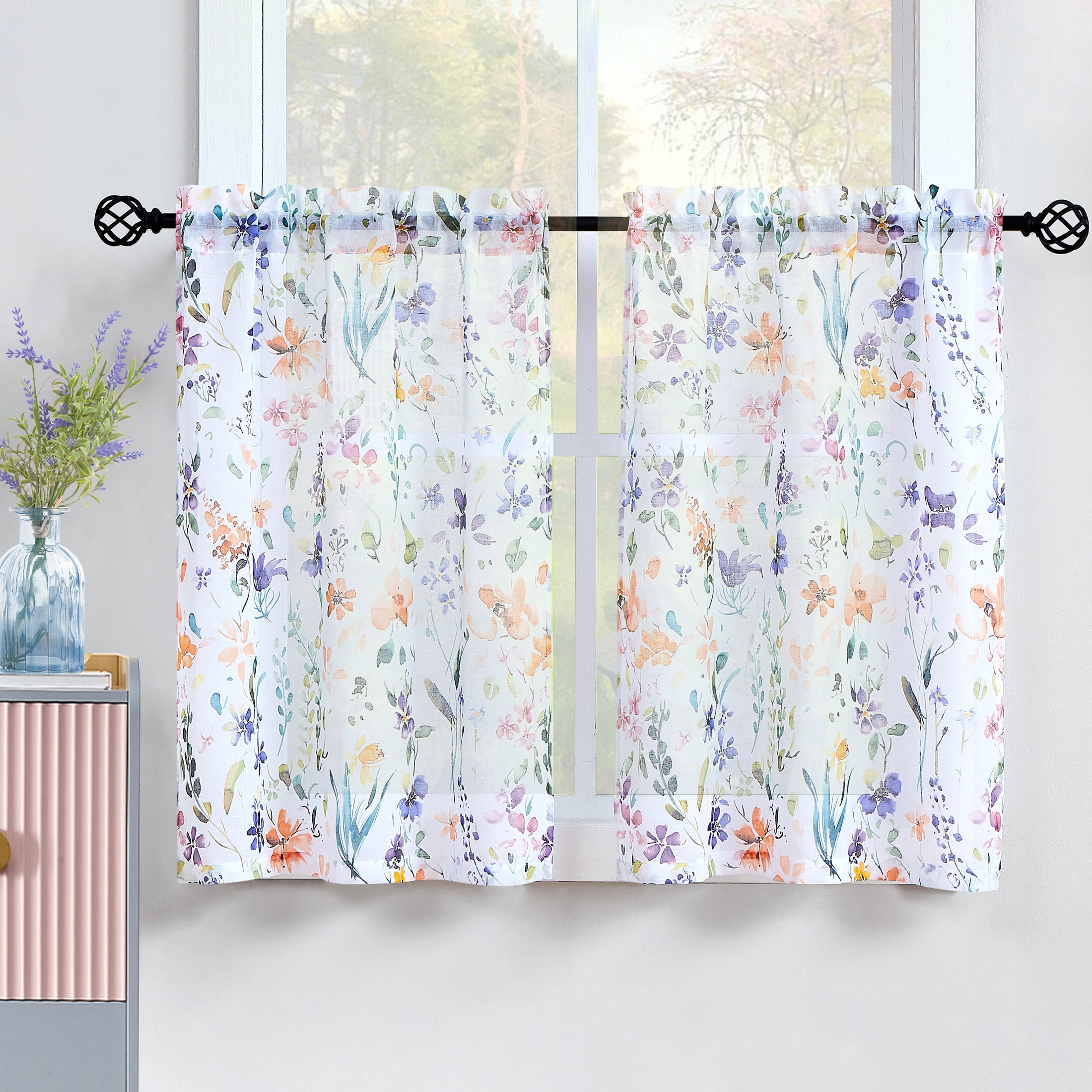 Fragrantex Purple Kitchen Curtains Flower Small Curtains Linen Rustic