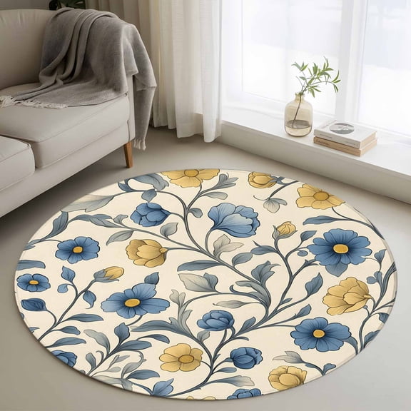 Vintage Blue Yellow Round Area Rug 4 FT, Non Slip Indoor Outdoor Rug, Spring Enchanted Garden Florals Washable Soft Circular Carpet Non-Shedding Floor Mat for Coffee Table Nursery Foyer Balcony