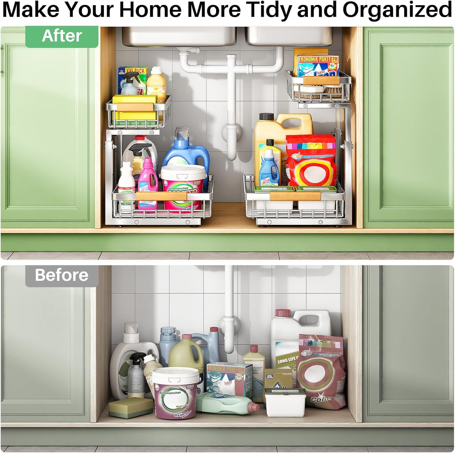 Under Sink Organizer, 2 Packs 2 Tier Under Sink Organizers and Storage, Slide out Pull out Cabinet Organizer Shelf, Metal Sliding Drawer for Kitchen Bathroom Pantry Cabinet Closet Organization Rack