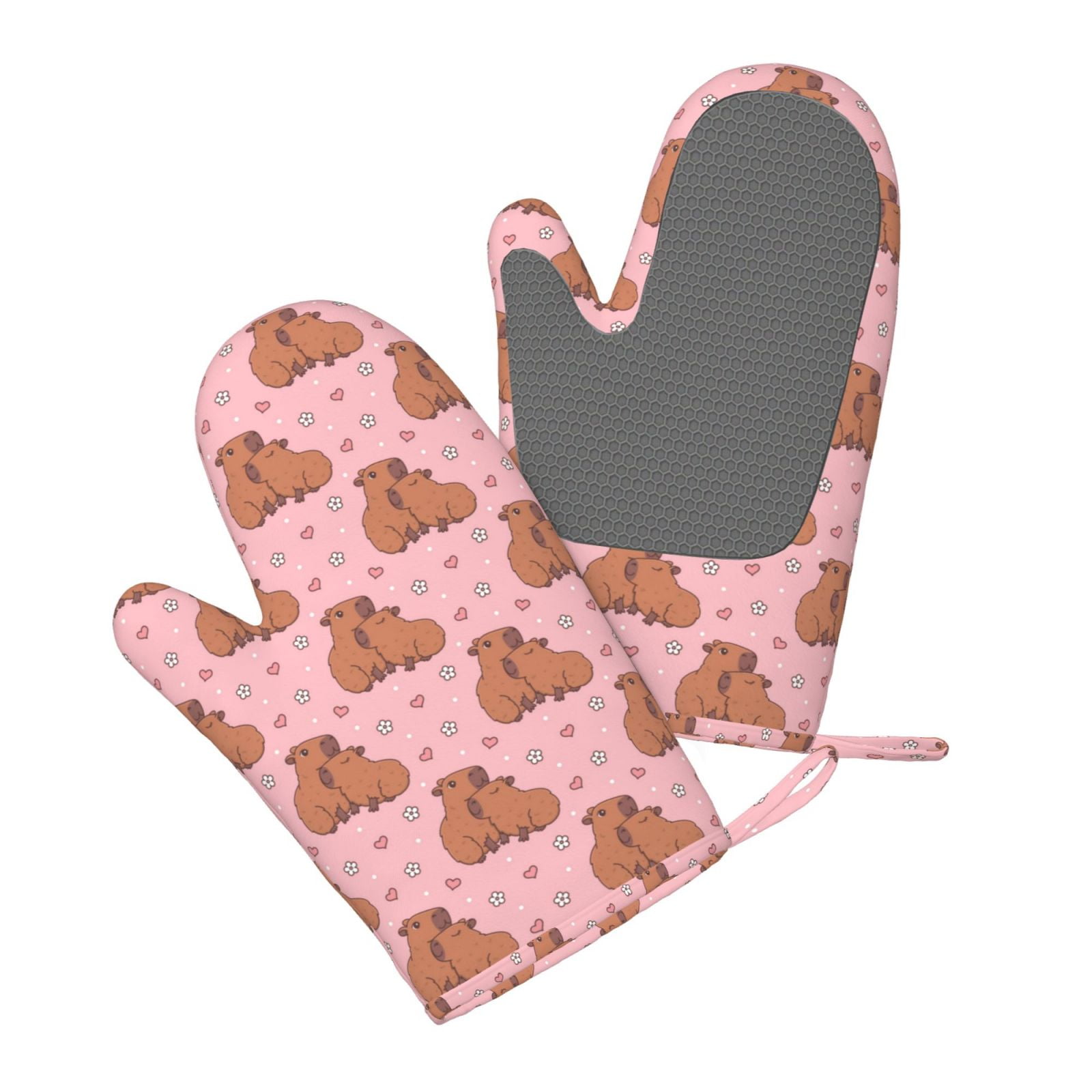 Hirioo Heart Capybara for Silicone Oven Mitts for BBQ, Baking, Cooking, Set of 2, Heat Resistant 260℃, Non-Slip Kitchen Essentials