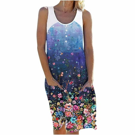 

Womens Casual Summer Tank Sleeveless Knee Length Pleated Sun Dresses With Poket Print Dress Dark Blue L