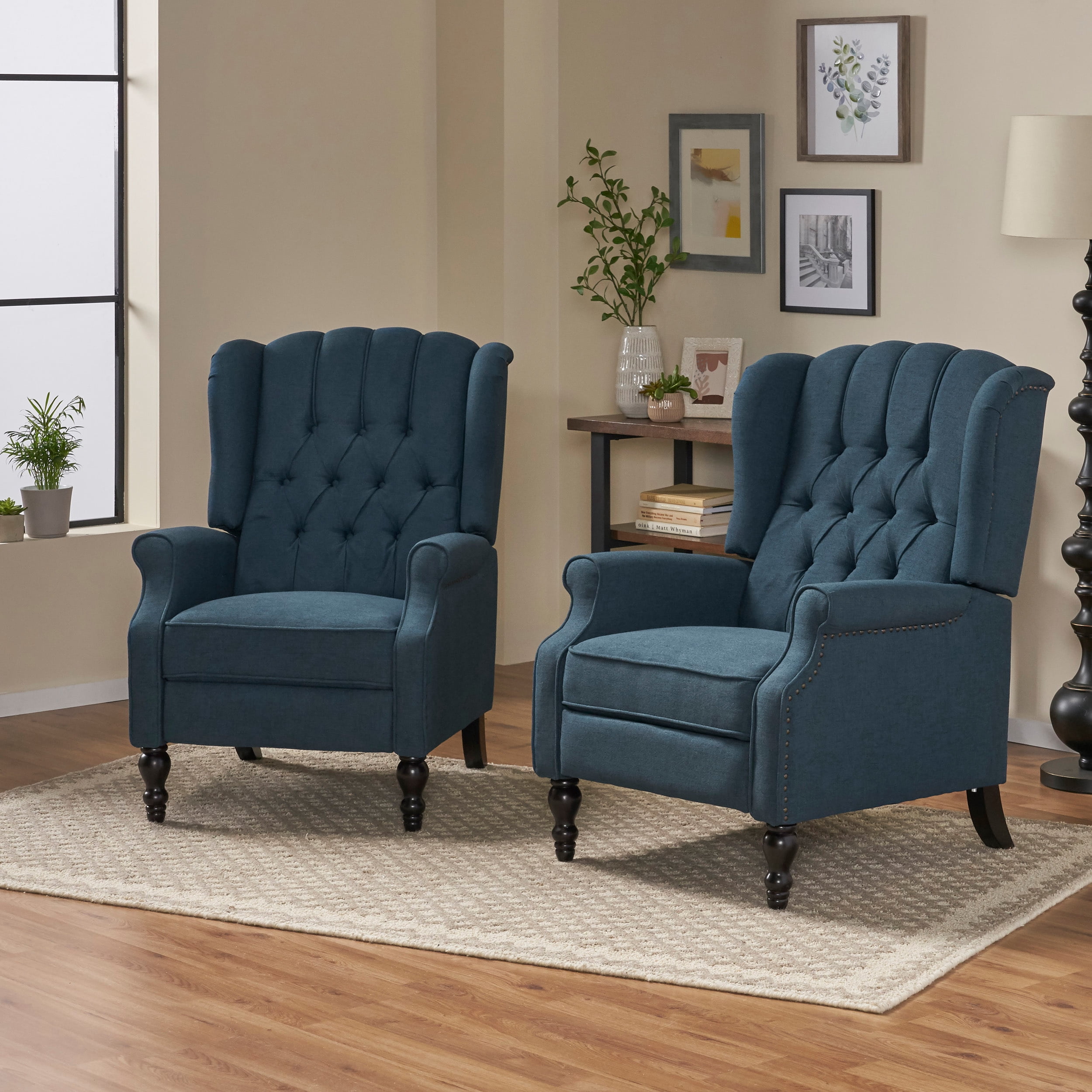 Noble House Walter Fabric Pushback Recliner, Set of 2, Blue