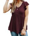 thumbnail image 1 of Mujeres casual Top ruffle manga corta V Masajeadores de cuello empalme suelta dobladillo acanalado señora blusa para las mujeres Primavera Verano vino rojo XL, 1 of 6
