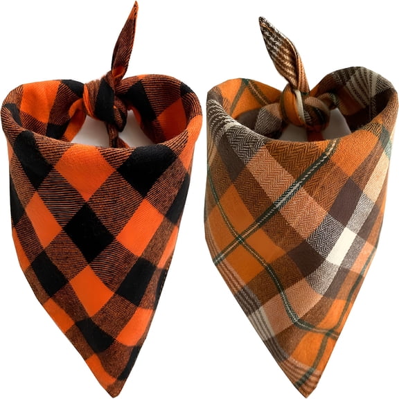 TELOLY Fall Dog Bandanas 2 Pack, Halloween Thanksgiving Pet Scarf for Boy and Girl, Premium Durable Fabric, Holiday Orange Plaid Bandana for Large and Extra Large Dogs