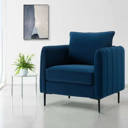 Noble House Mid-Century Modern Velvet Upholstered Accent Chair with Pillow, Metal Legs, Blue