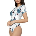 thumbnail image 2 of KLL Women 's Crew Neck Bodysuit Jumpsuits Lilies Flowers Print Short onesies Stretch T Shirts, 2 of 7