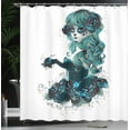 thumbnail image 3 of Ambesonne Vintage Shower Curtain, Grunge Skull Girl Roses, 69"Wx70"L, Petrol Blue White, 3 of 4