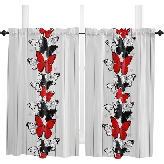 Farmhouse Butterflies Window Short Curtains 54 Inch Length, Red Black Butterfly on Wood Rod Pocket Window Treatment Kitchen Drapes for Bedroom, Cafe, Living Room, 2 Panels, 42 W x 54 L