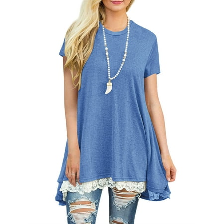 - Short Sleeved Lace Patchwork T-shirt Casual Loose Tops