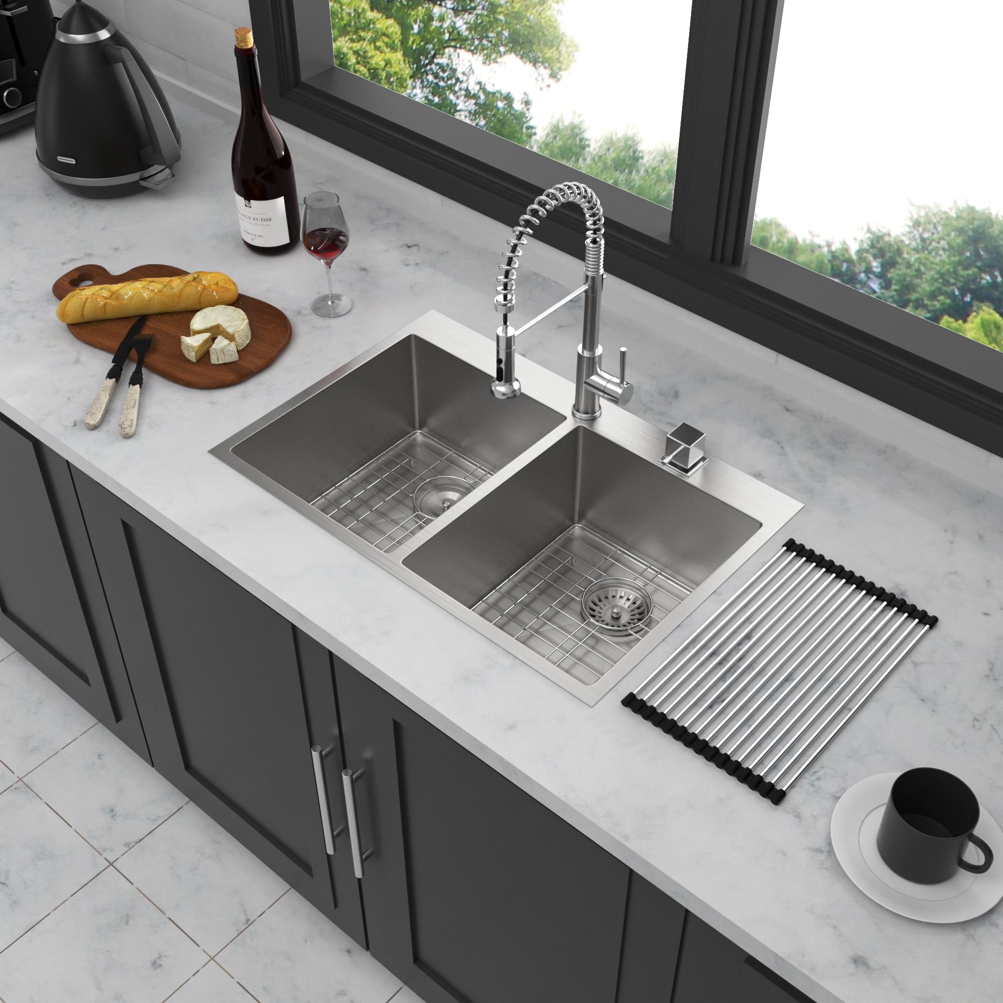 Izzovium 33"x22"x10" Double Bowl Drop in Kitchen Sink, 16 Gauge Stainless Steel with Brushed Nickel Finish, 50/50 Split Design, Two 10" Deep Basins