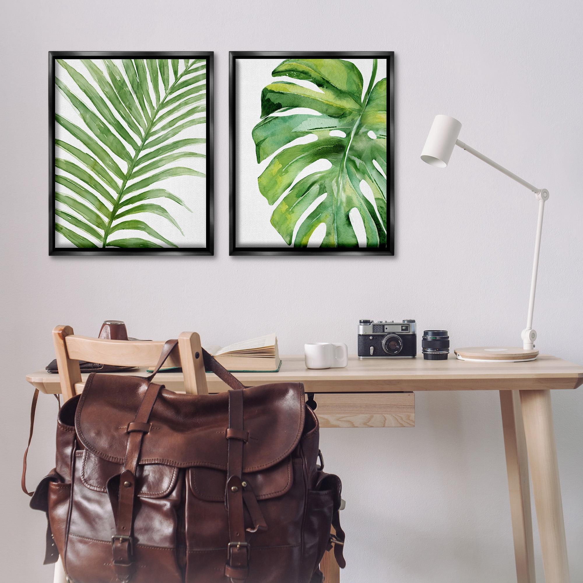 Stupell Industries Minimal Tropical Green Palms Botanical & Floral Painting Black Floater Framed Canvas Art Print Wall Art, 25 x 31, Set of 2