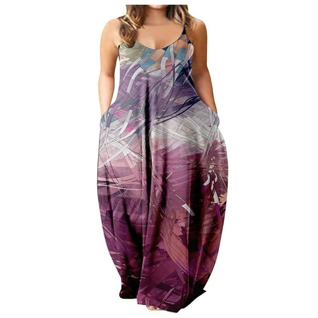 Robe Longue d'Été pour Femme à Col Rond, Imprimée, Sans Manches, Grande Taille, à Enfiler, à Bretelles Spaghetti, Longue Robe Maxi avec Poches