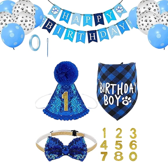 Pet Birthday Party Supplies, Birthday Hat Bandana Scarf with Cute Bow Tie, Flag, Balloons, Party Supplies Decorations