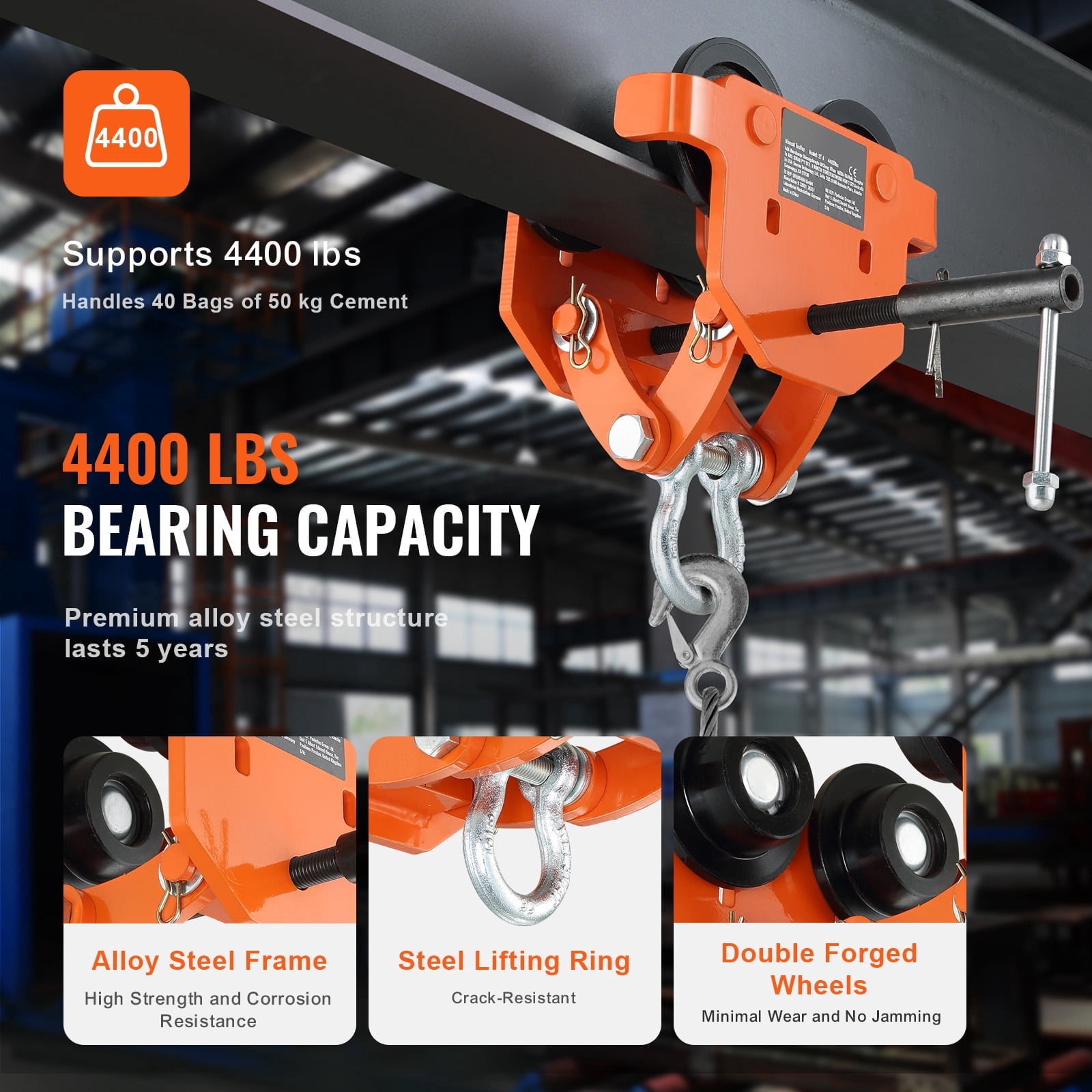 KFFKFF Hand-Operated Trolley, 2 Ton/4400 lbs Weight Limit, Dual-Wheeled Push Beam Trolley, Fits I-Beam Flange 2.8"-6.7", Durable Alloy Steel Construction