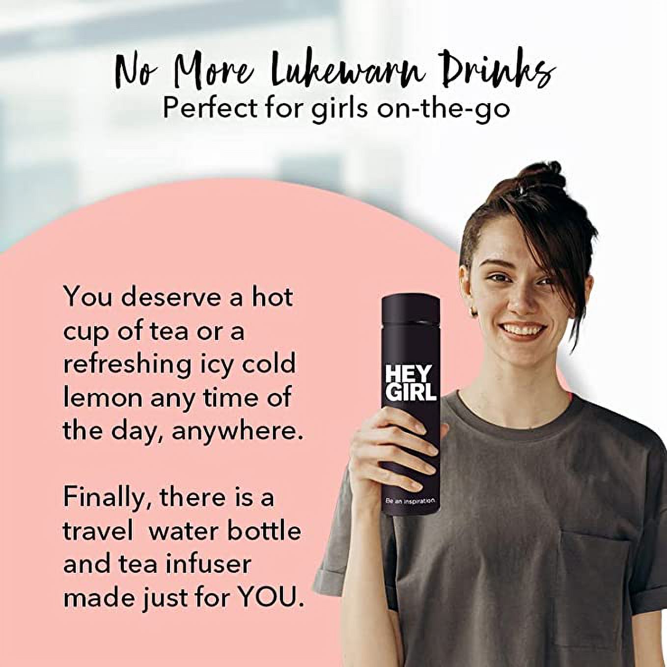 Hey Girl Tea Infuser Bottle 450ml - Insulated Stainless Steel Water Bottle (Black)