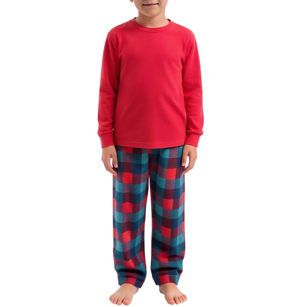 Pijamas de familia de cuadros Inspire Chic para niños, con camiseta de manga larga y pantalones, color rojo