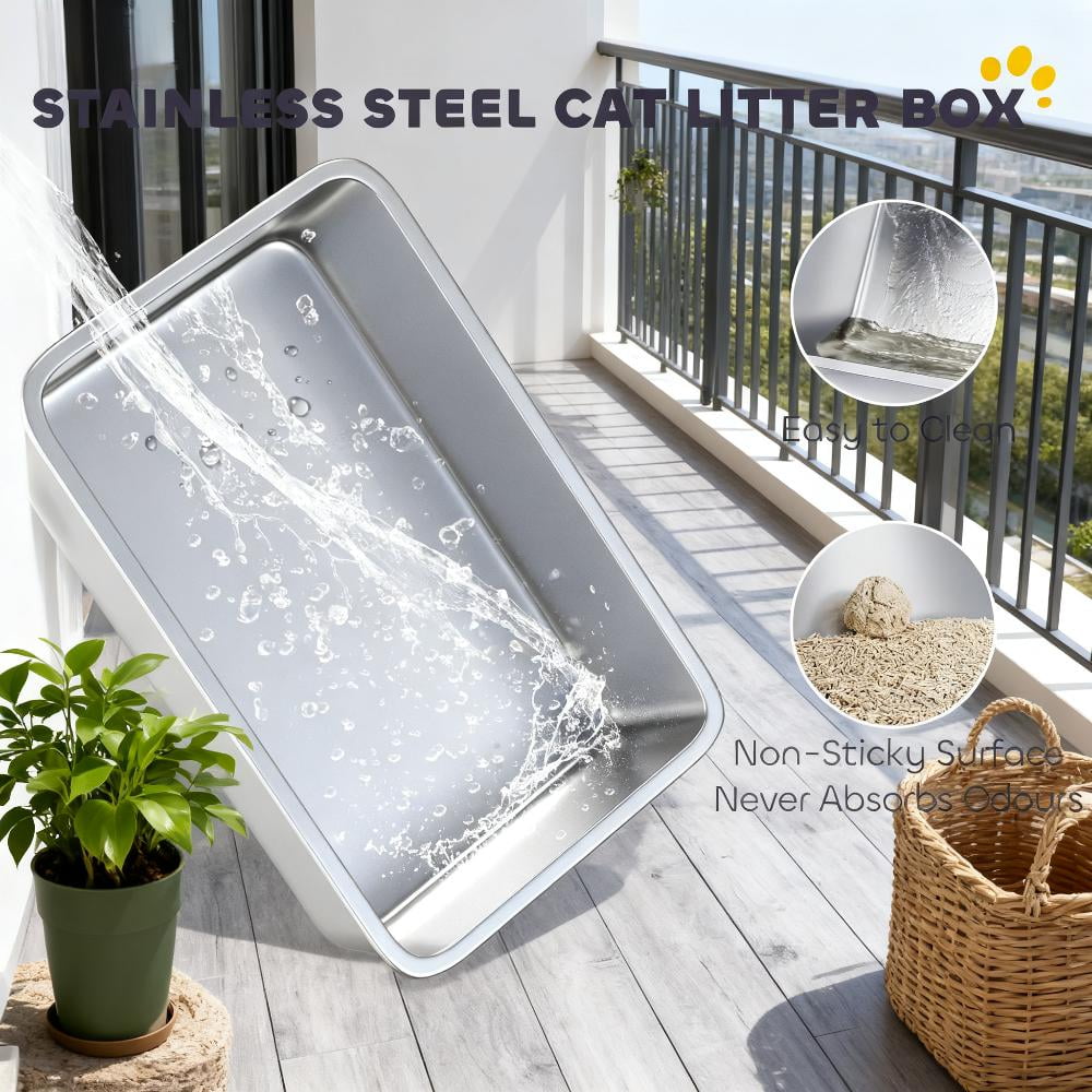 Stainless Steel Cat Litter Box with High Sides, XL Metal Litter Box with Filter Pad and Stainless Steel Litter Scoop, Anti-Scratch Anti-Tracking Easy Clean Indoor Cat Toilet for Cats Up to 15 lbs