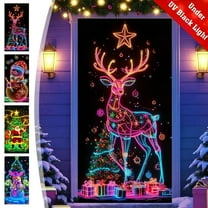 Fluorescent Christmas Door Cover for Front Doors,Multiple Neon Santa Lights Doors Banners,Glow in the Dark Christmas Door Cover for Outdoor Indoor Holiday Decoration