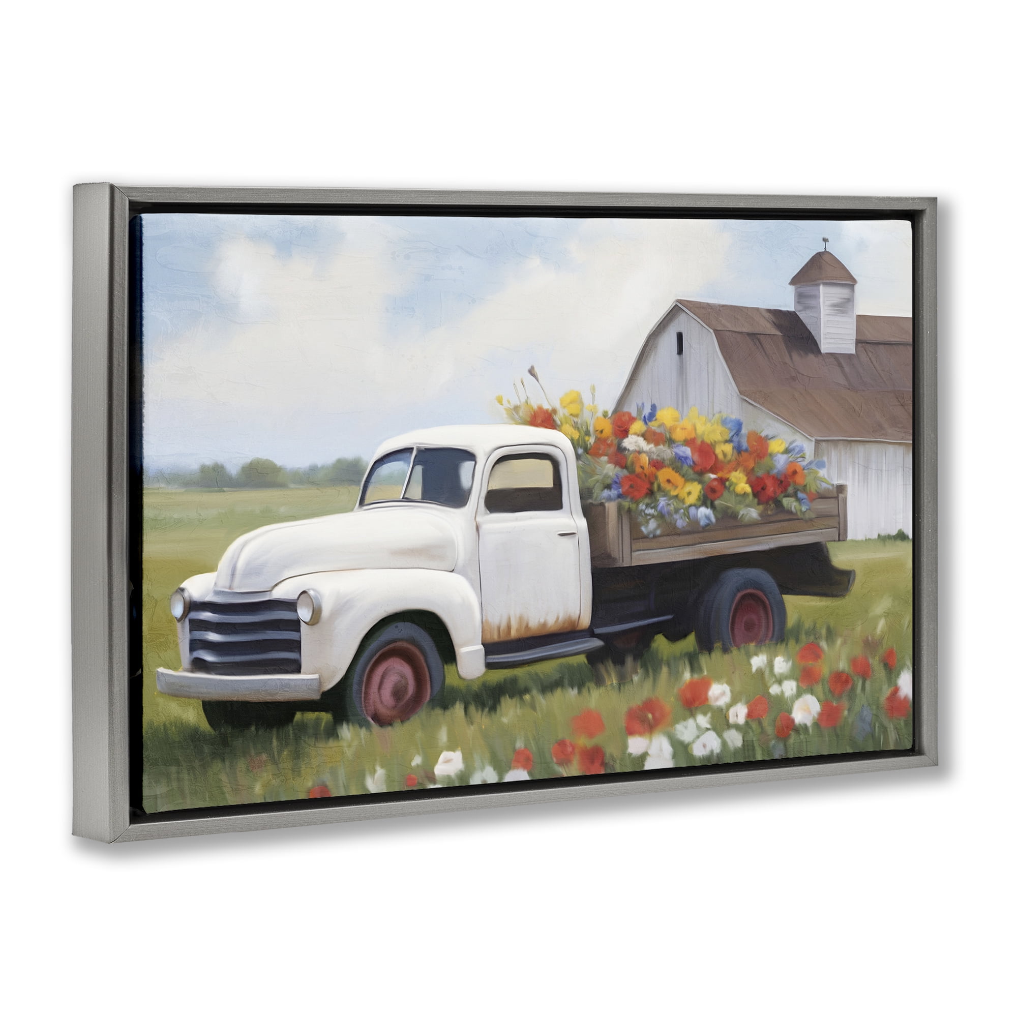 Stupell Industries White Delivery Floral Truck Gray Framed Floater Canvas Wall Art, design by Kim Allen