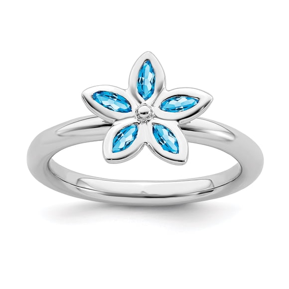 925 Sterling Silver Blue Topaz Flower Stackable Ring Leaf Birthstone December Gemstone