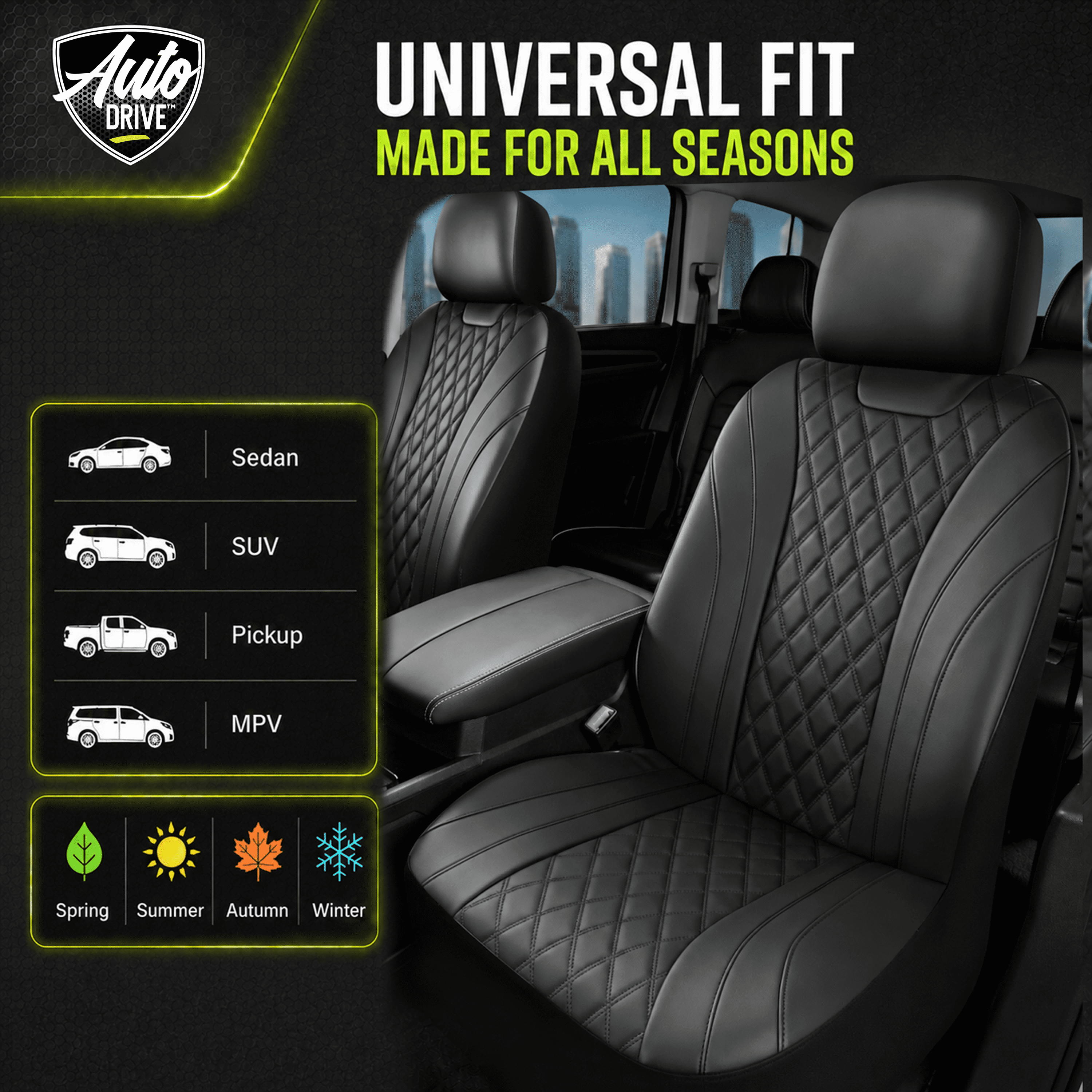 Auto Drive Car Seat Covers, Diamond Quilted Two-Tone Car Seat Covers Set, Universal Fit for Two Front Seats, Airbag Compatible for Cars, SUVs and Trucks BLack Front Seat