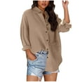 thumbnail image 2 of Womens Tops Lapel Neck Long Sleeves Button Casual Blouse Solid Color T-Shirt Khaki S,Blouse for Women, 2 of 6
