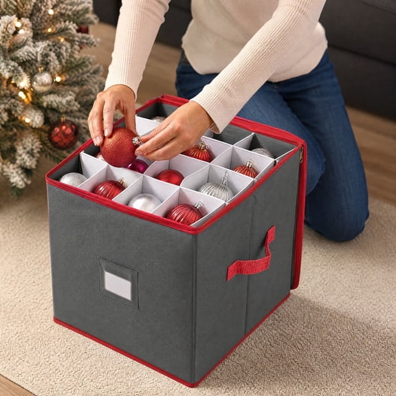 Christmas Ornament Storage Box with 64 Separate Compartments and Removable Dividers for Flexible Storage, Non-Woven Zippered Organizer for Baubles Holiday Decor Accessories, 13x13x13 Inch