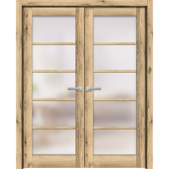 Solid French Double Doors 84 x 80 inches | Quadro 4002 Oak | Wood Solid Panel Frame Trims | Closet Bedroom Sturdy Doors