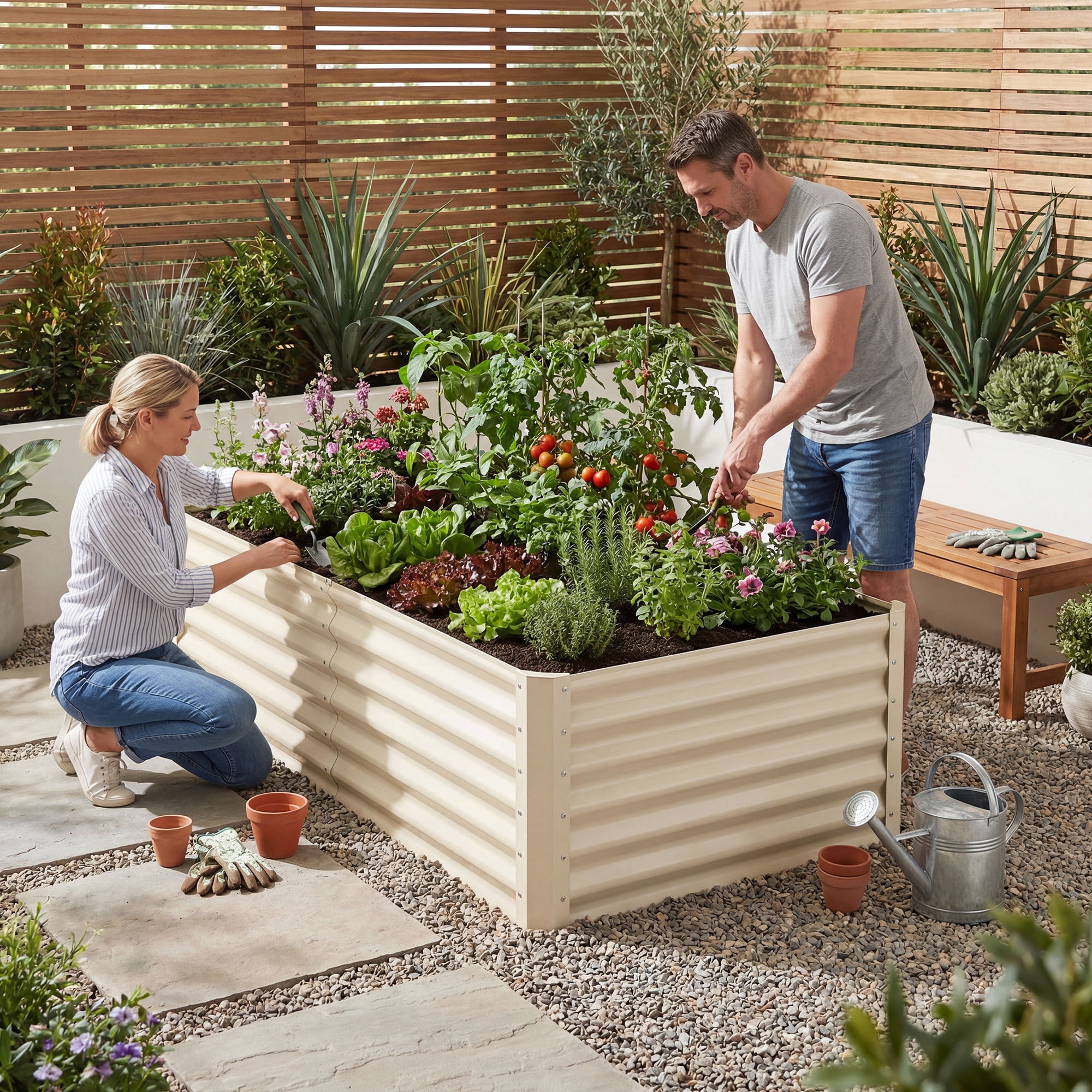 Uforic 6x3x2ft Galvanized Metal Raised Garden Bed Kit, Outdoor Planter Box with Gloves & Support Rod for Vegetables Flowers, Cream White