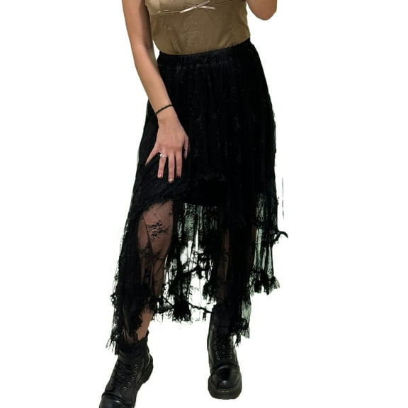 Women's Elegant Black Lace Cascading Tiered High Waist Maxi Skirt | [ZhiHiMeRi] | (US 12-14)L