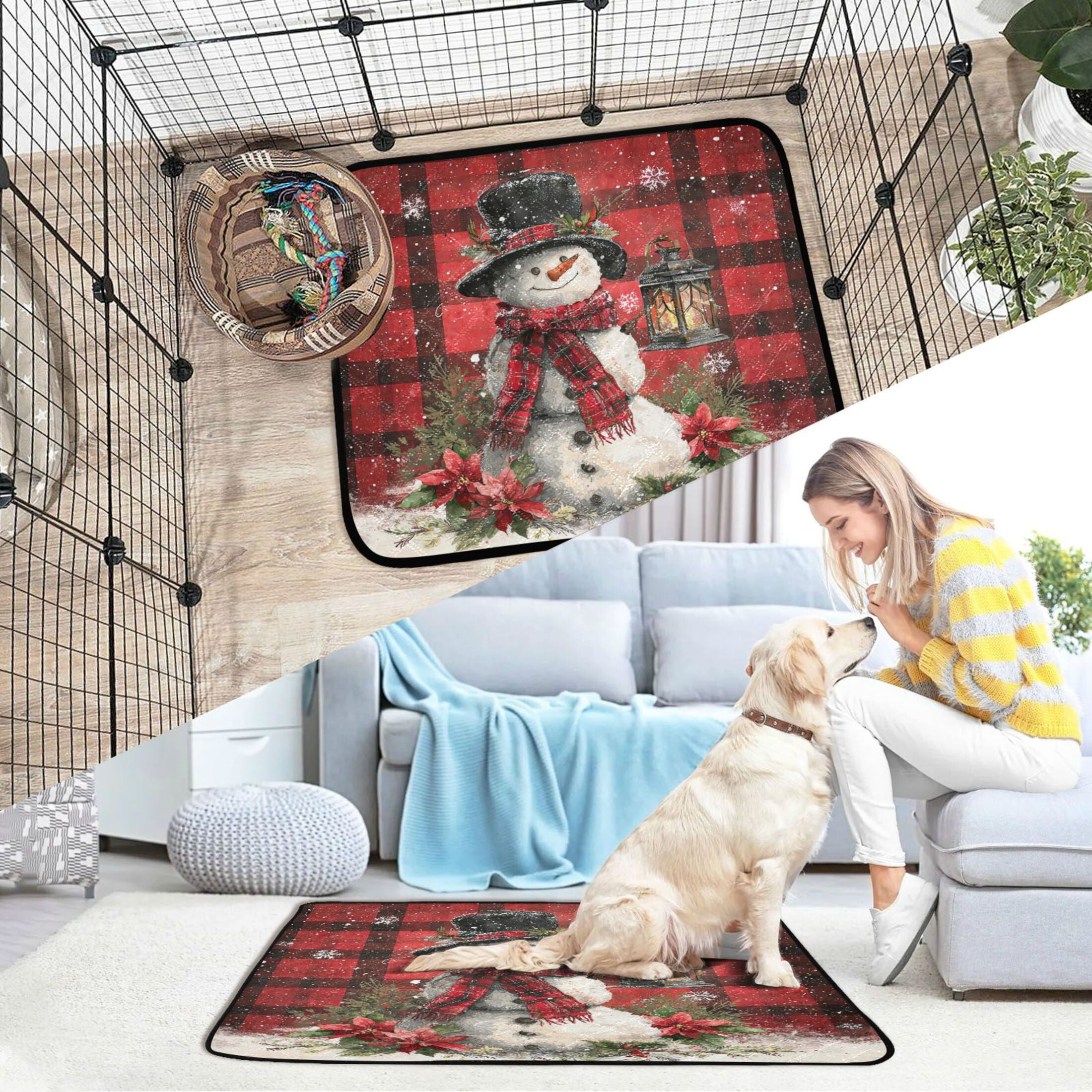 Qxltty Red Checkered Snowman Cat litter Pads Pet Set of 2 Diaper Mats Center Anti-leakage Layer Absorbent Soft and Comfortable