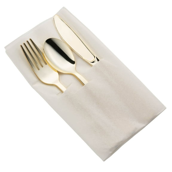 Smarty Shiny Metallic Gold Plastic Cutlery White Pocket Napkin Set 70ct