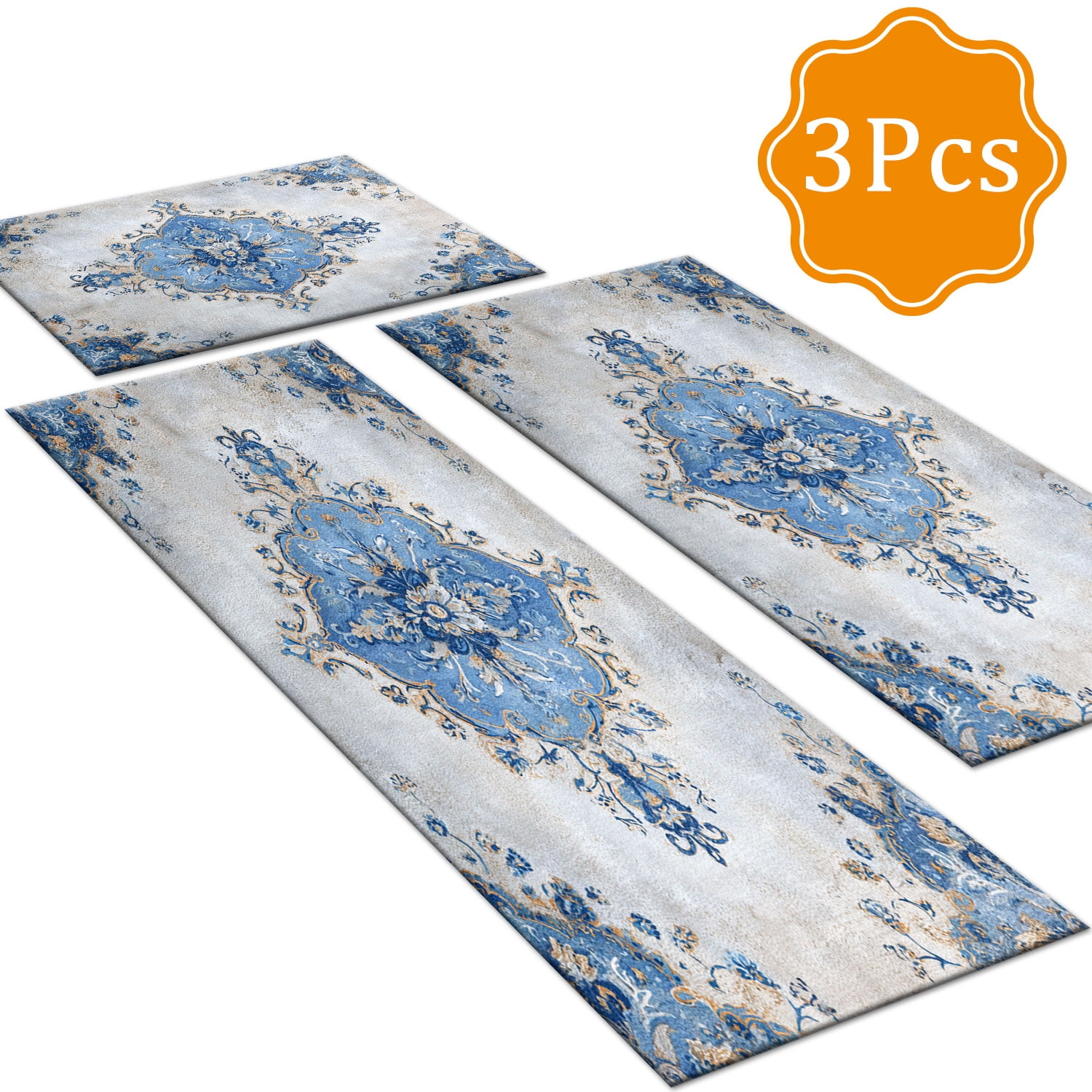 3-Piece Farmhouse Kitchen Rug Set, Washable Anti Slip Striped Floor Mats in 3 Sizes, Stain Resistant Decor Rugs for Kitchen Hallway Bathroom Home Christmas Decor