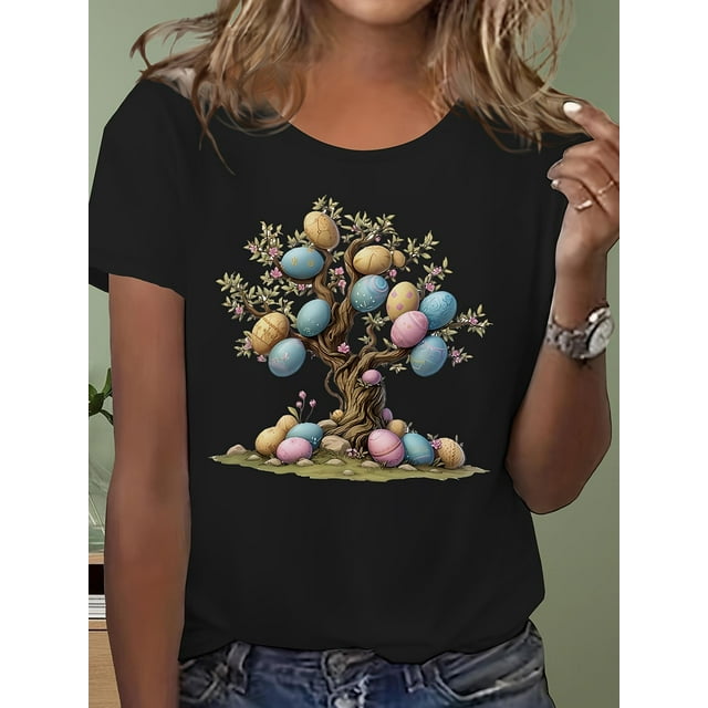 Women's Easter Egg Tree Graphic T-Shirt - Casual Crew Neck, Short Sleeve, Polyester Blend, Machine Washable, Vibrant Spring/Summer Top Tee For Adult, Men, Women, Teen, Teenager, Adolescent, Youth.