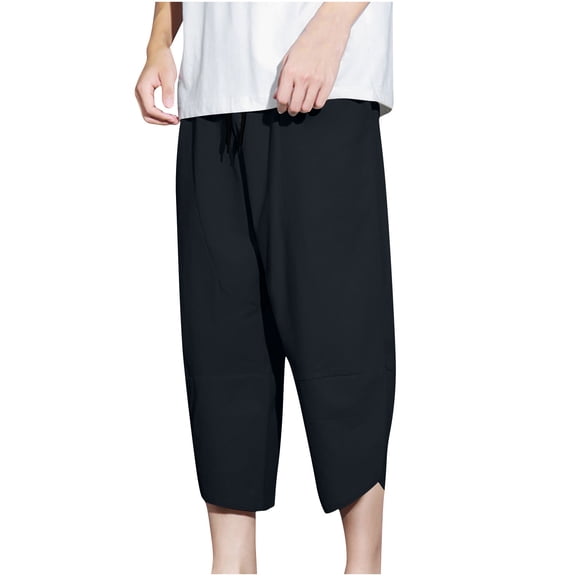 ZVNAΖH Mens Capri Pants Below Knee 3/4 Long Shorts Summer Casual Drawstring Elastic Waist Solid Color Capris Pants with Pockets