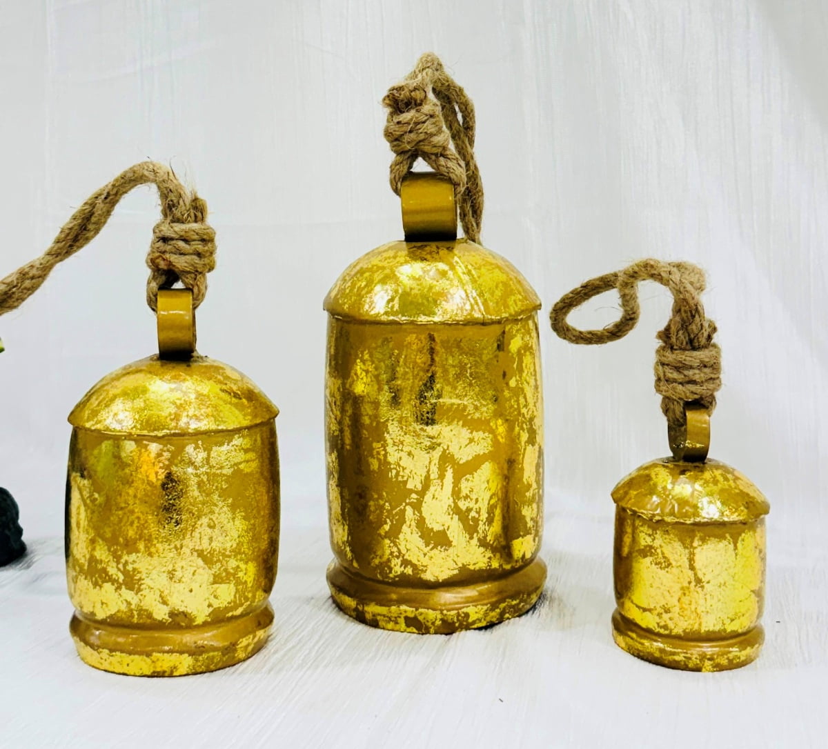 Handmade Brass Finish Hanging Bells for Door Chimes with Jute Rope Shabby Chic Decorative Bells