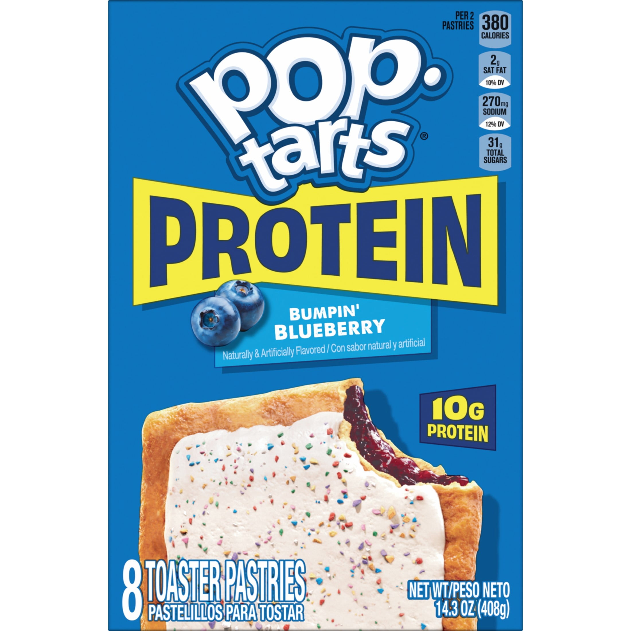 Pop-Tarts Protein Bumpin' Blueberry Toaster Pastries, 10g Protein, Shelf-Stable, 14.3 oz (8 Count)