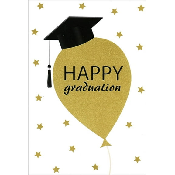 Pictura Gold Foil Balloon, Stars and Mortarboard Cap Graduation Congratulations Card