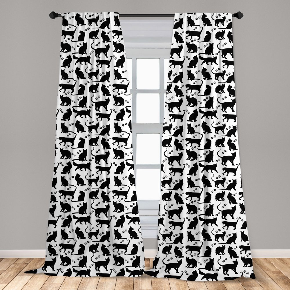 Cat Curtains 2 Panels Set, Black Silhouettes in Different Positions