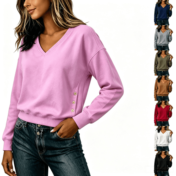 ZORYEVY Women's Sweatshirt Casual Lightweight Fall Pullover Sweatshirts for Women Loose Fit Long Sleeve Solid V Neck Tops